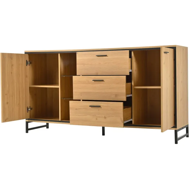 Ropilly Dressoir met drie laden - 160 x 40 x 85 cm - met deuren en verstelbare planken - zwart en houtkleur - voor woonkamer of eetkamer