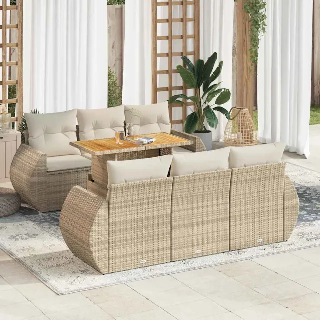 vidaXL 7-delige Loungeset met kussens poly rattan beige, foto 2