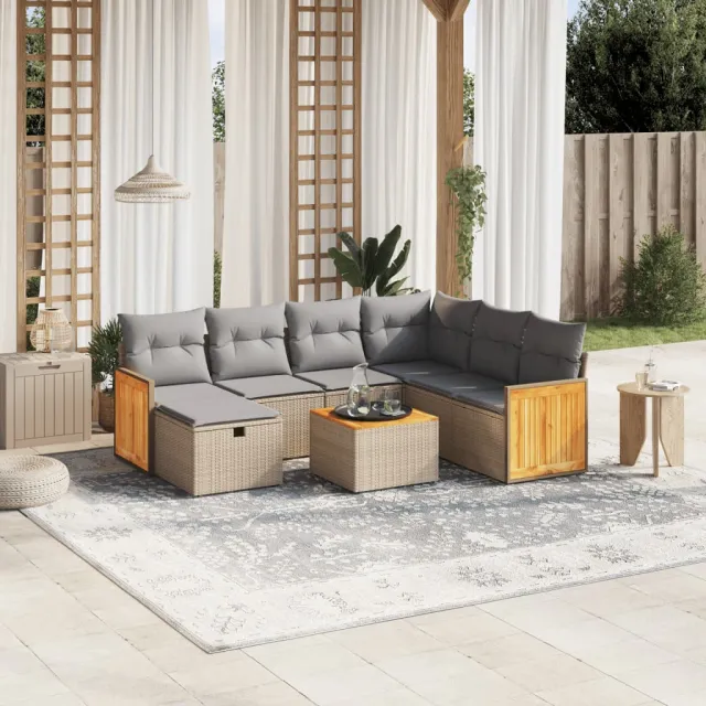 vidaXL 8-delige Loungeset met kussens poly rattan gemengd beige, foto 2