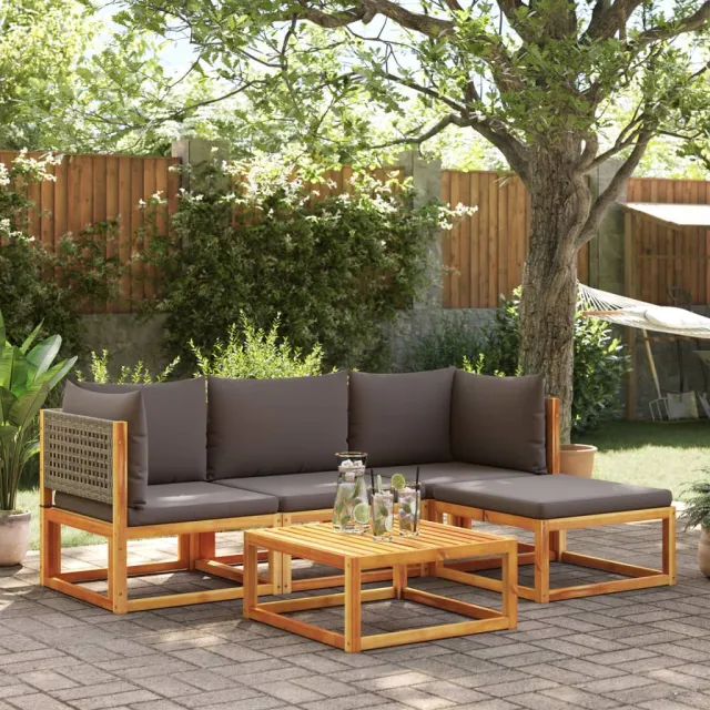 vidaXL 5-delige tuinbankset met kussens acaciahout & rotan Bruin