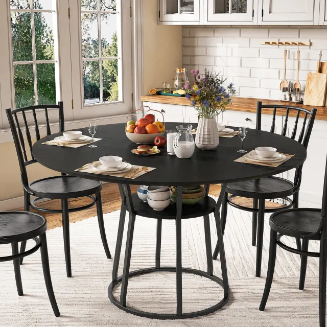 Yelenaro Ronde Eettafel 120 cm, Met Opbergplank, Voor 4-6 Personen, MDF Tafelblad + Metalen Frame, zonder stoelen, Zwart Zwart-C