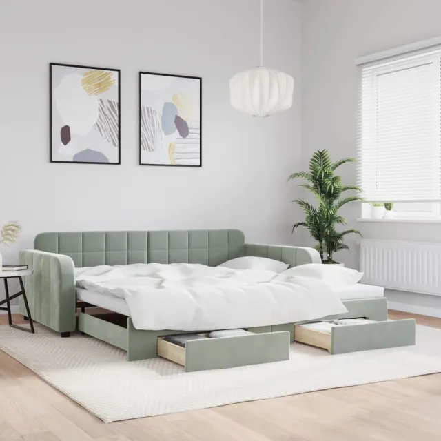 vidaXL Slaapbank onderschuifbed en lades 100x200 cm fluweel lichtgrijs grijs