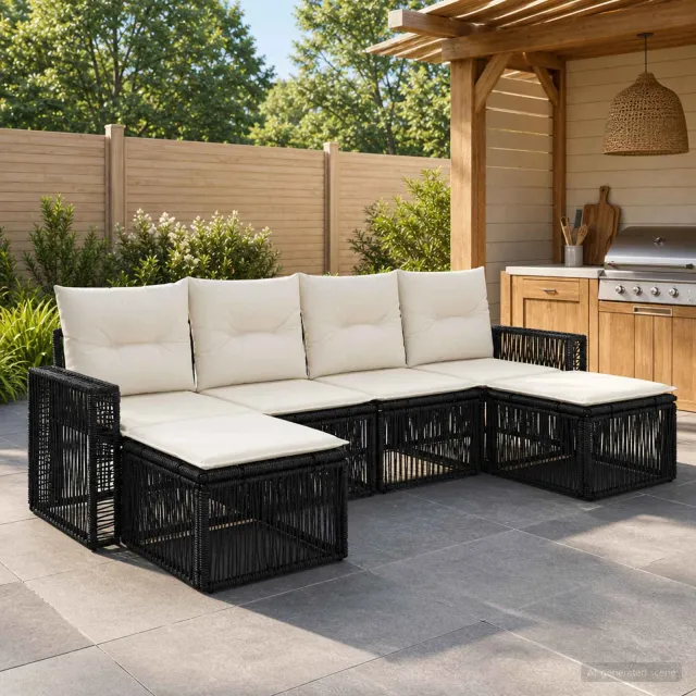 vidaXL Tuinbankenset 6 st 6-zits Zwart en Cream Wit poly rattan, foto 2