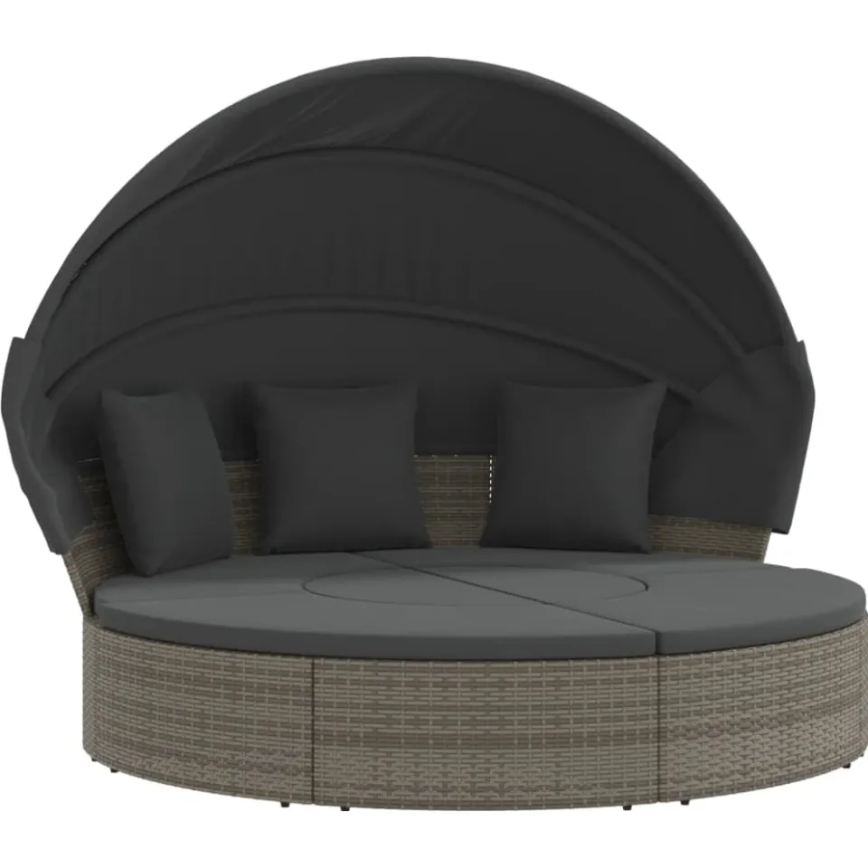 vidaXL Loungebed met luifel en kussens poly rattan grijs, foto 3