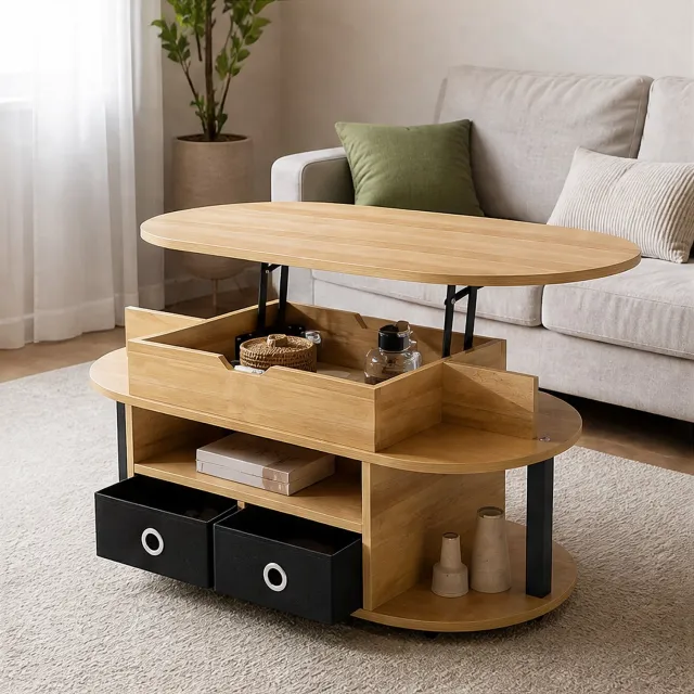 City long dragon LONG DRAGON - Salontafel - 105x50 cm houtkleur - lift-top 45-60 cm met opbergvak en 2 zwarte stoffen lades Houtkleur met zwart