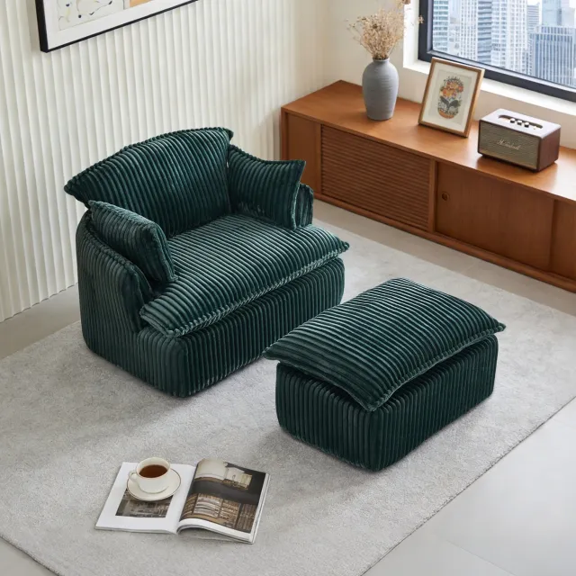 DESMIU Fauteuil Met Hocker 115 × 89 × 77 cm - Compressieontwerp En Zachte Zit - Voor Woonkamer En Kleine Ruimtes - Ribstof - Groen