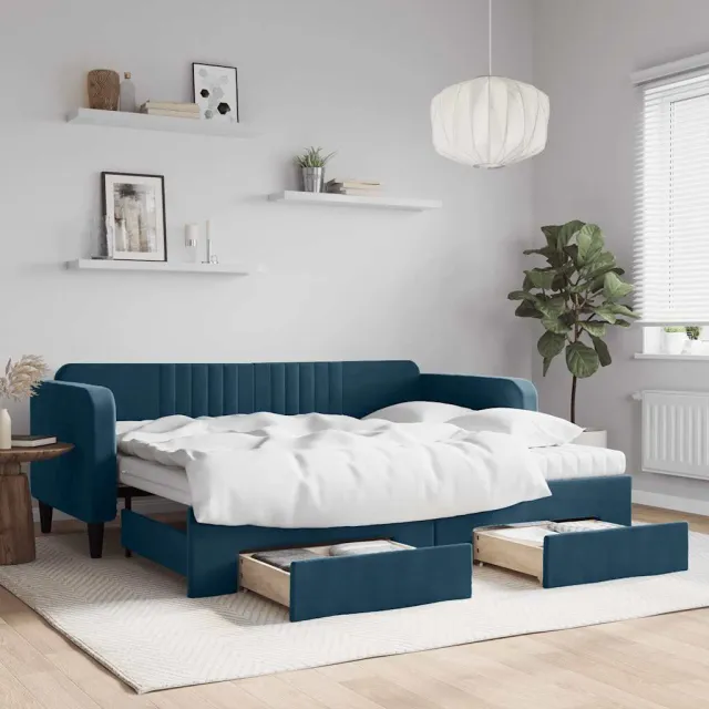 vidaXL Slaapbank met onderschuifbed en lades 90x200 cm fluweel blauw