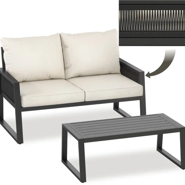 Tectake Rope Design Loungeset voor Tuin, Terras of Balkon - Tuinset met 1 Tuinbank en 1 Tafel in Houtlook - Inclusief Weerbestendige Kussens - Aluminium Frame met in Hoogte Verstelbare Voetjes - 2 Personen