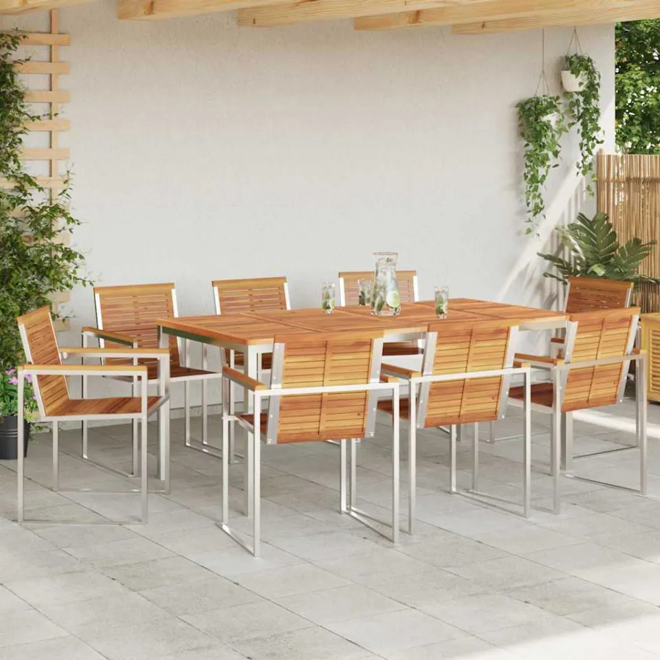 vidaXL Tuin eettafelset 9 st Massief acaciahout en roestvrij staal, foto 3