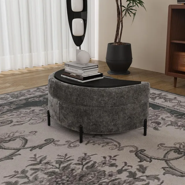 KOMHTOM BLACKCOLORS Halvemaanvormige opbergpoef bekleed met chenille met blad, te gebruiken als bijzettafel, gestoffeerde zitplaats, kruk om je aan te kleden of je schoenen aan te trekken, en als voetenbank voor de woonkamer, de hal en de gang, grijs