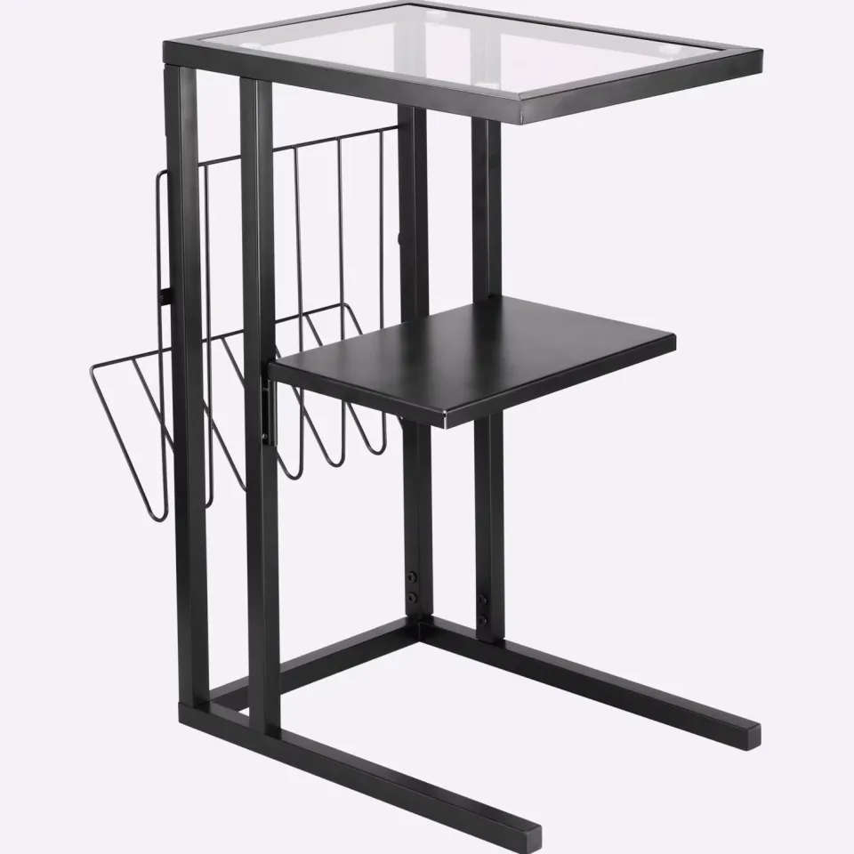 bijzettafel met glasplaat en tijdschriftenhouder zwart, foto 3