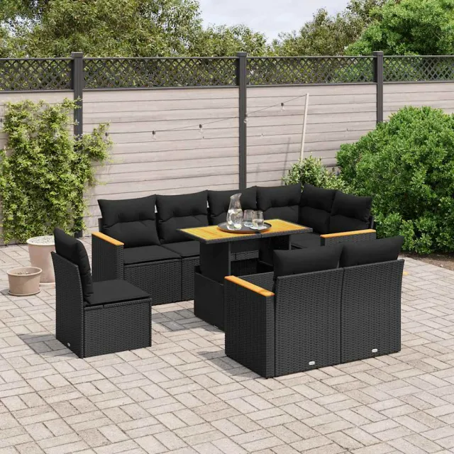 vidaXL 9-delige Loungeset met kussens poly rattan zwart, foto 2