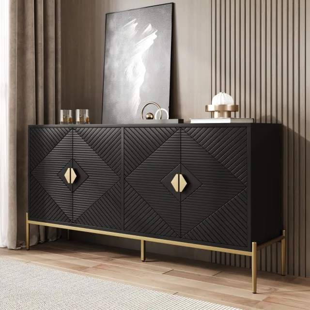 MEUNIQ dressoir 162 x 40 x 80 cm met 4 deuren, geometrisch sideboard voor woonkamer, eetkamer of hal, zwart met goudkleurige grepen en metaalpoten