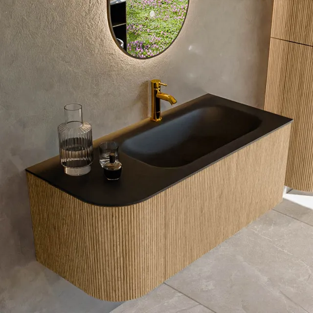 Mondiaz KURVE 105 cm Onderkast Greeploos 1 Lade Met Deuren Oak, Wastafel Solid Surface Rechts Urban 1 Kraangat Zonder Spiegel (KRVBGS105L1L1D1KR-Oak/Urb)