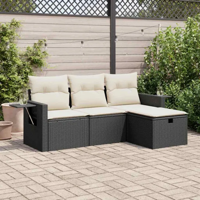 vidaXL 4-delige Loungeset met kussens poly rattan zwart, foto 2