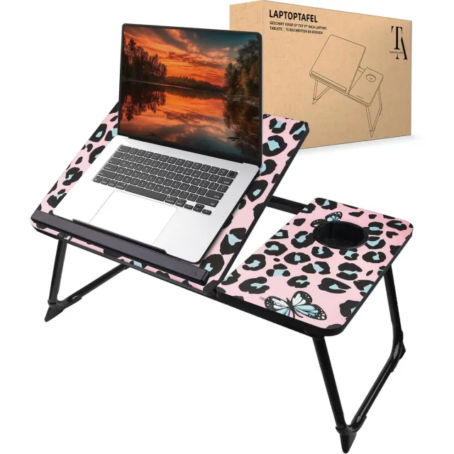 TrueLogic Alpha Bedtafel - Laptoptafel - Laptop standaard - Voor laptops t/m 17 inch - Ontbijttafel - Ontbijt op bed - Pink Jungle Roze, Zwart & Blauw