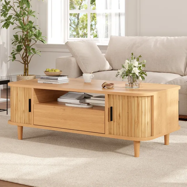 CHICFURN Salontafel 100 cm - Met opbergruimte - Lade en roldeuren - Naturel Naturel houtkleur
