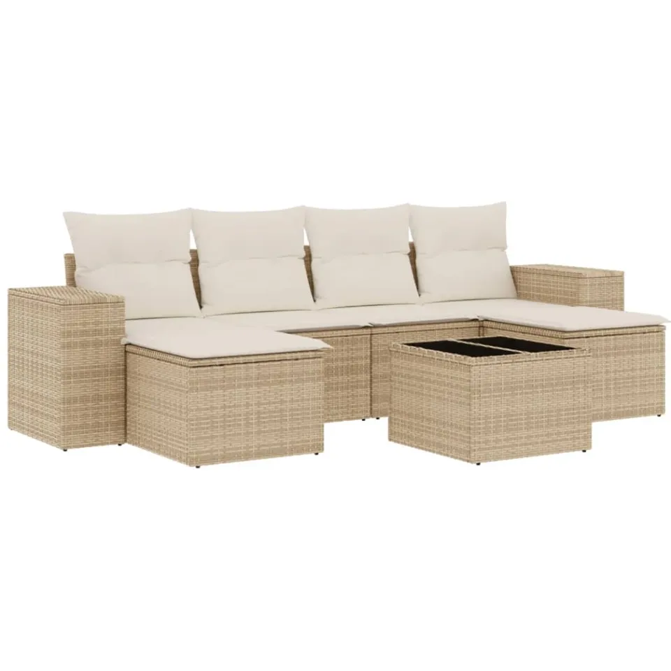 vidaXL 7-delige Loungeset met kussens poly rattan beige, foto 3