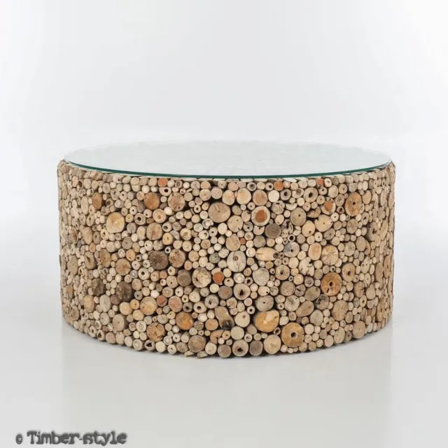 Timberstyle Salontafel hout rond / Drijfhout met glasplaat - 100 cm. / Timberstyle houtlook