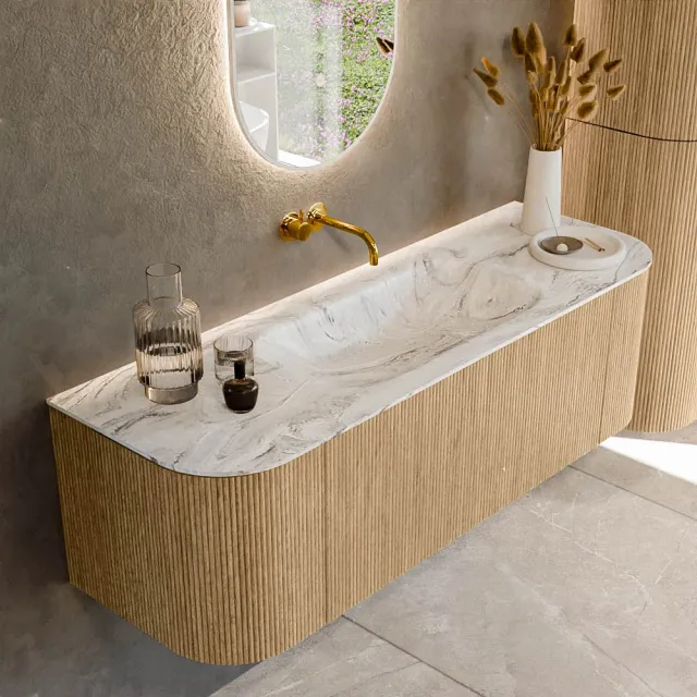 Mondiaz KURVE-DLUX 140 cm Onderkast Greeploos 1 Lade Met Deuren Oak, Wastafel Solid Surface Midden Glace 0 Kraangaten Zonder Spiegel (KRVBGS140L+R1L2D0KM-Oak/Gla)