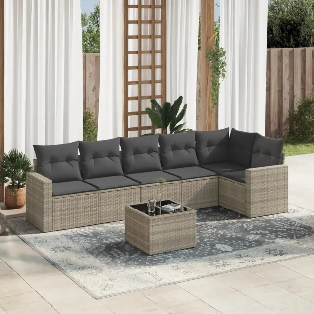 vidaXL 7-delige Loungeset met kussens poly rattan lichtgrijs grijs, foto 2