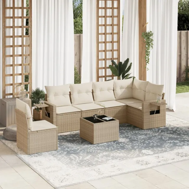 vidaXL 7-delige Loungeset met kussens poly rattan beige, foto 2