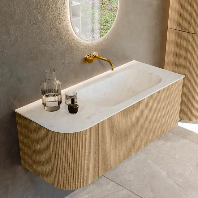 Mondiaz KURVE-DLUX 115 cm Onderkast Greeploos 1 Lade Met Deuren Oak, Wastafel Solid Surface Rechts Opalo 0 Kraangaten Zonder Spiegel (KRVBGS115L1L1D0KR-Oak/Opa)