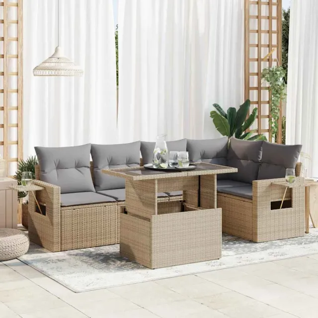 vidaXL 6-delige Loungeset met kussens poly rattan beige, foto 2
