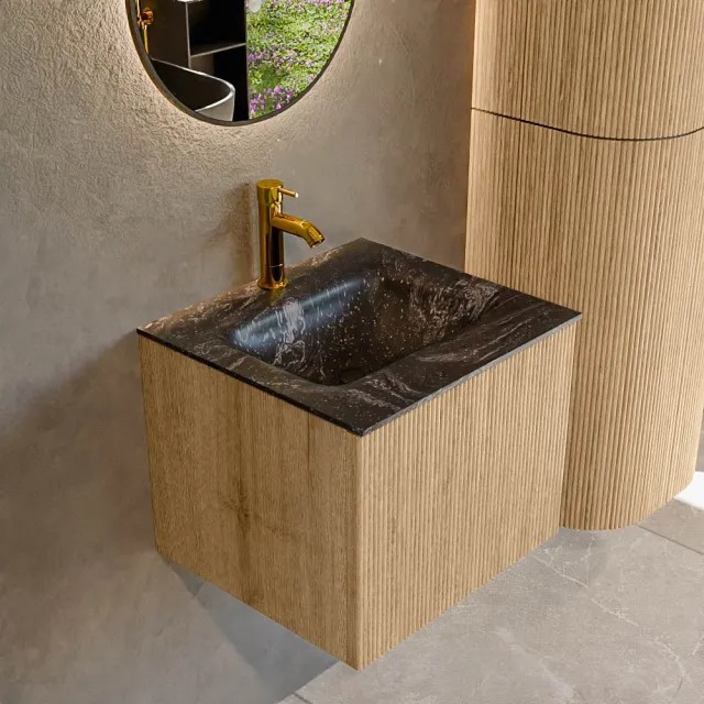 Mondiaz KURVE-DLUX 50 cm Onderkast Greeploos 1 Lade Zonder Deuren Oak, Wastafel Solid Surface Midden Lava 1 Kraangat Zonder Spiegel (KRVGRU501L0D1KM-Oak/Lav)