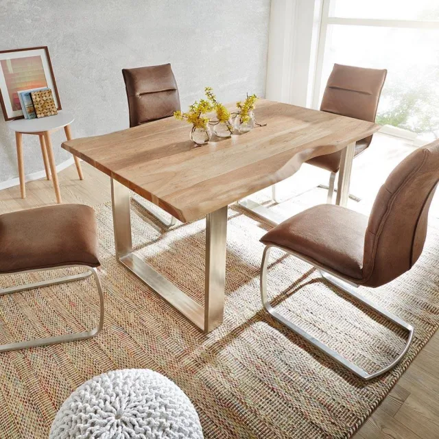 DELIFE Eettafel Edge acacia natuur 200x100 edelstaal smal Live-Edge Bruin