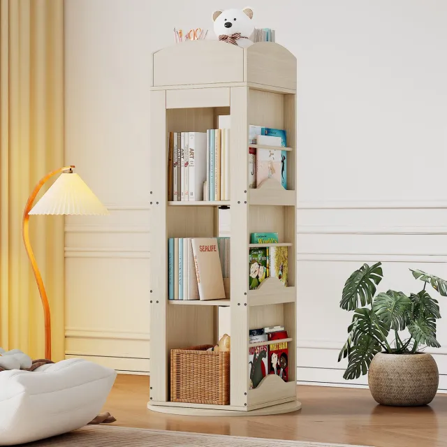 MEUNIQ Draaibare boekenkast 63 x 63 x 142 cm – 360° draaibare open kast met 4 planken, boekensteunen en bovenste opbergruimte voor kinder- en studeerkamer – Naturel