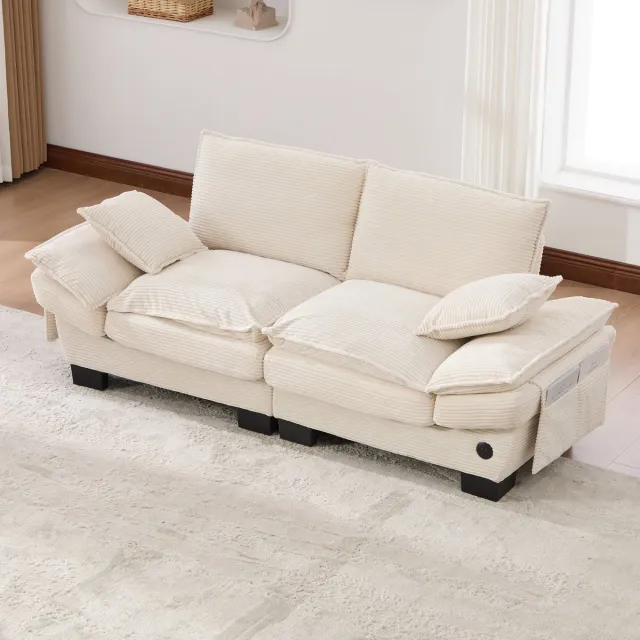 HAUSS SPOLE Zitbank - 2 Zits Sofa Met Brede Zitting En Usb C Aansluiting - Met Zijvakken - Voor Woonkamer Kantoor En Lounge - Corduroy Beige Gebroken wit