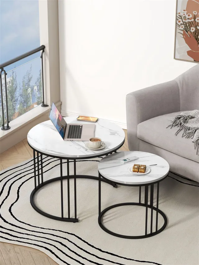 Danky Ronde Salontafel Set van 2 - Wit Marmerlook Blad - Zwart Metalen Frame - Compact 60 x 60 x 40 cm Wit Zwart