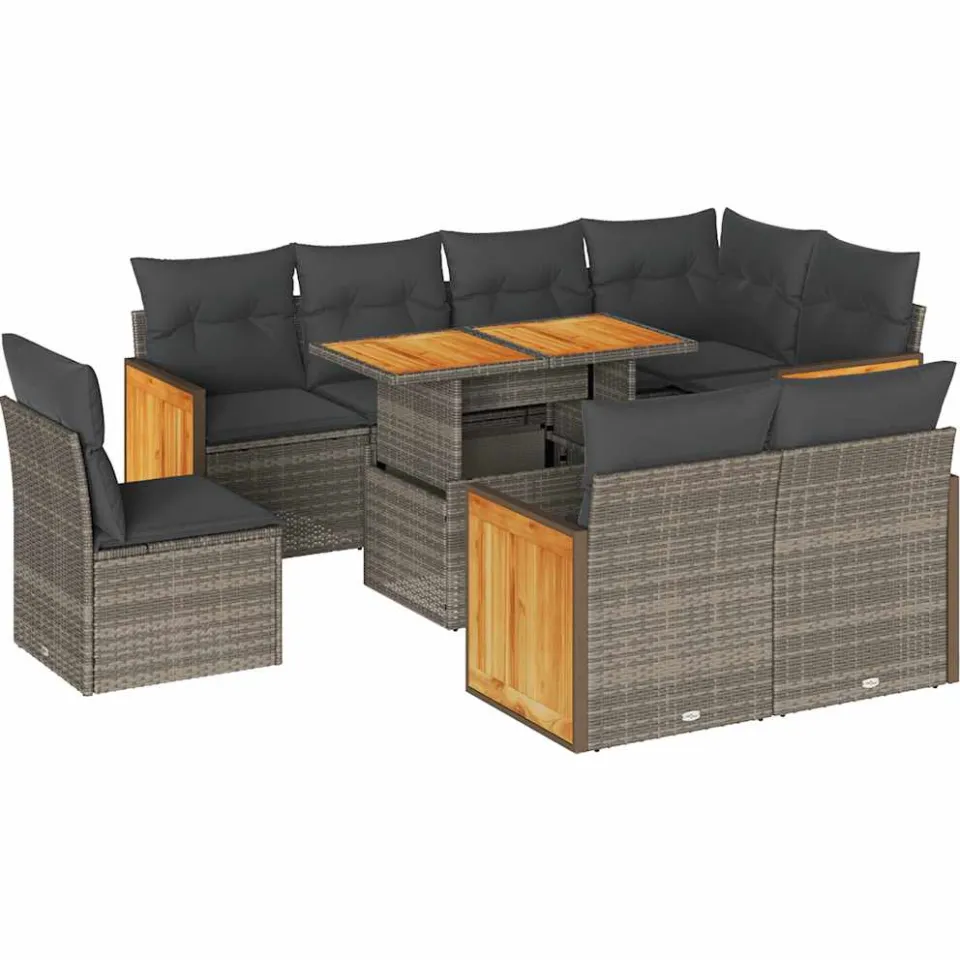vidaXL 9-delige Loungeset met kussens poly rattan acacia grijs, foto 3
