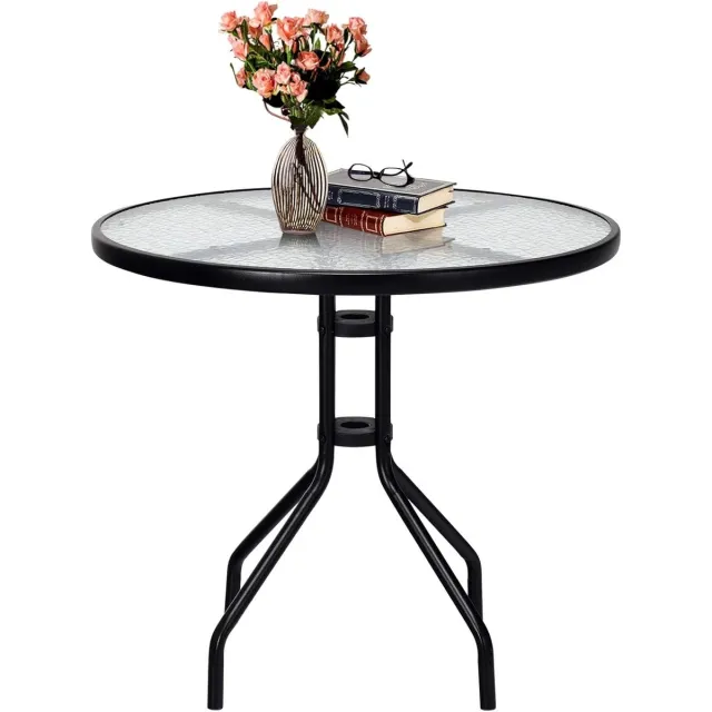 KOMFOTTEU Balkontafel, rond, tuintafel met paraplugat, bistrotafel met glasplaat en metalen frame, bijzettafel eettafel 70 x 70 x 71 cm voor binnenplaats, terras Zwart