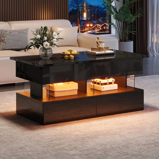 DantefHandels 100 X 50 x 46 cm Anhebbarer salontafelsalontafel met in hoogte verstelbarer Tischplatte en verstecktem opbergruimte, Hochglanz-bijzettafel met LED, salontafel met 2 laden, zwart, MDF + Acryl