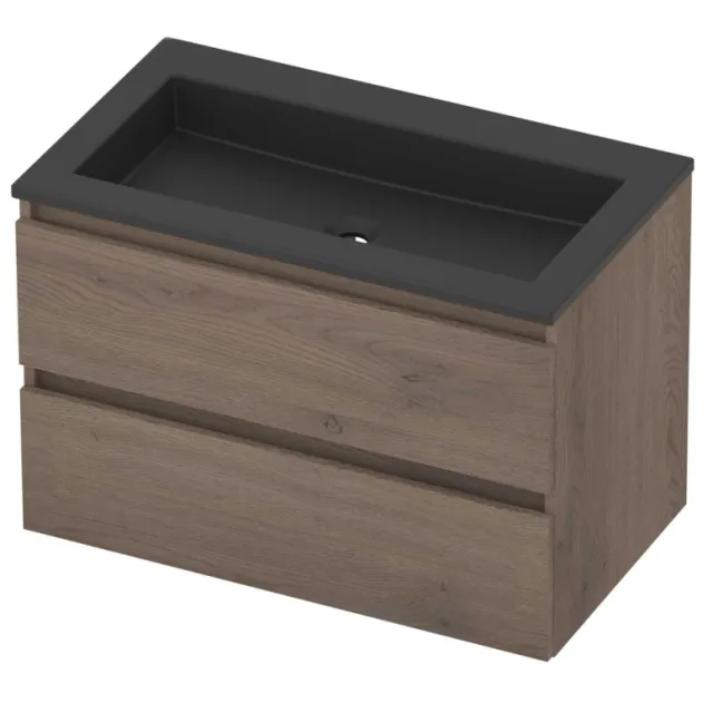 Basic-Line Aura 46 Badmeubelset Acryl Zonder Kraangat Greeploos 80x46x54 cm Dusk Oak Mat Zwart