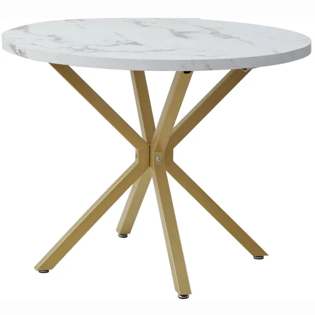 Linkforu Moderne Luxe Eettafel - Ronde Terras Tafel - Marmeren Look – Kunststof Blad – Stalen Poten - 4 Personen - 100 cm Wit Goud