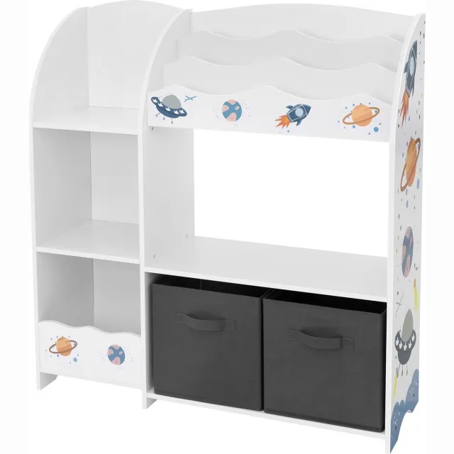 Joyz kinderplank space motief houten speelgoedplank 93x30x98cm wit met 8 opbergvakken en 2 uitneembare stoffen dozen 9 vakken non-woven opbergdozen 3 planken kinderboekenplank ruime opbergplank en multifunctionele speelgoedorganiser voor kinderkamer