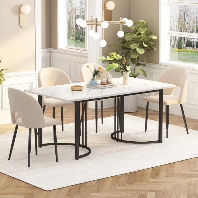 FloraGrace Eettafel - Rechthoekig Met Marmerlook - Voor Eetkamer, Woonkamer Of Keuken - MDF En Metaal - 140x80x75 Cm - Wit Zwart