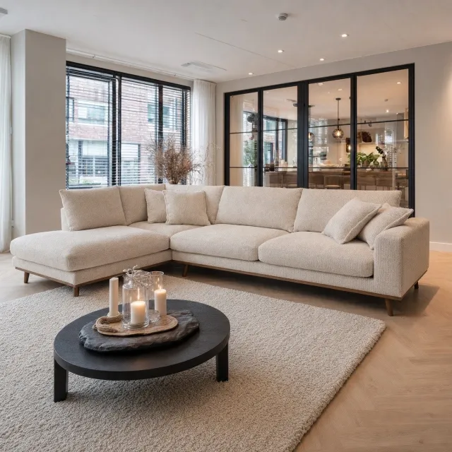 DÉJA Living Hoekbank Flint Links - Beige Stof - 3-Zits - Loungebank 303x212cm - Comfortabel en Stijlvol