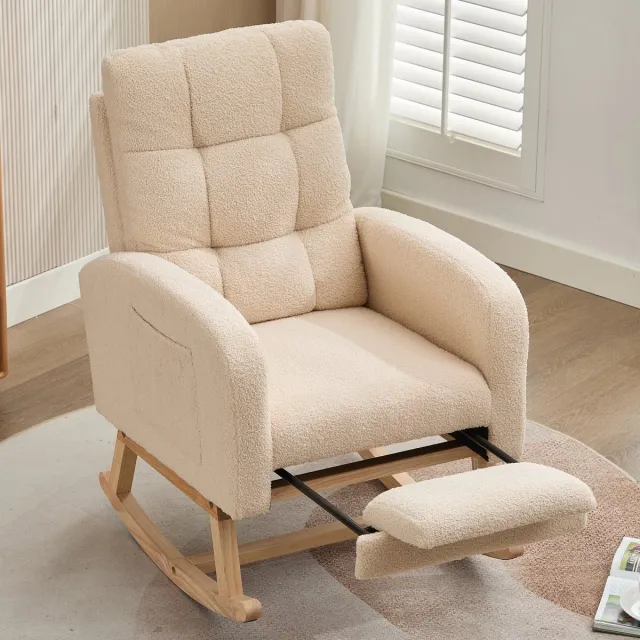 OKWISH Schommelstoel - Ergonomische Hoge Rug 1-Zits - Met Zijvak & Hoge Schuimvulling - Massiefhouten Frame - Teddy - Beige - Voor Woonkamer