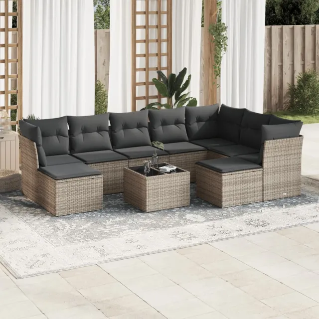 vidaXL 10-delige Loungeset met kussens poly rattan grijs, foto 2
