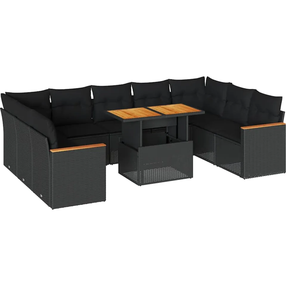vidaXL 10-delige Loungeset met kussens poly rattan acacia zwart, foto 3