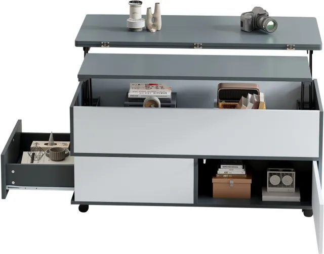 MODFU Salontafel 100 x 98 x 65 cm van spaanplaat, verstelbaar met opbergruimte en wielen, modern ontwerp grijs