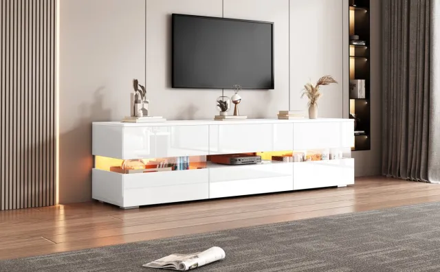 Merax TV-Meubel 160 cm – Hoogglans Wit – LED Verlichting – Push-to-Open Deuren – Tot 70 inch TV's