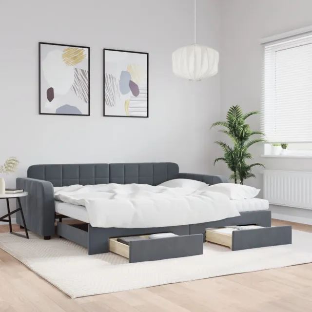 vidaXL Slaapbank onderschuifbed en lades 90x190 cm fluweel donkergrijs