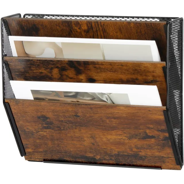 Unyqoos Houten wandorganizer met verstelbare vakken voor documenten en tijdschriften Bruin zwart