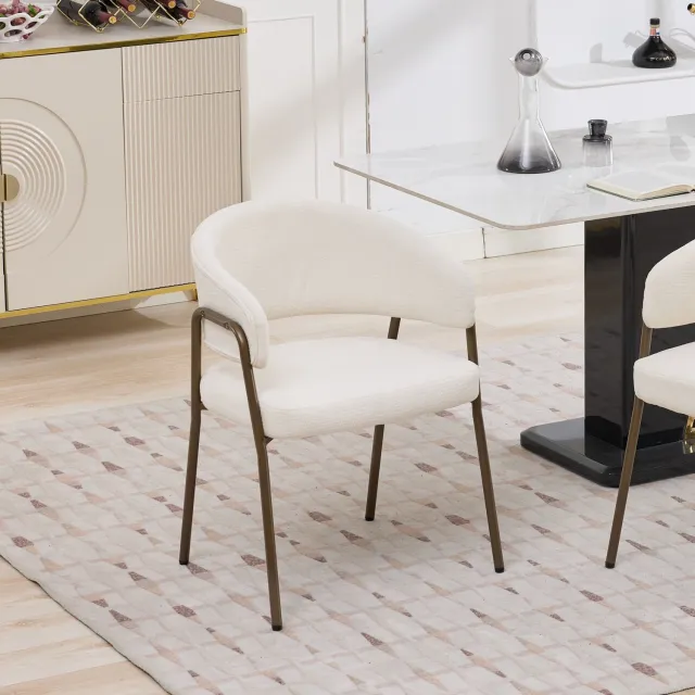 DantefHandels Chenille fauteuil met armleuning, bekleed, antiek messing poten, keuken/eetkamer, 1 stuks, beige Wit