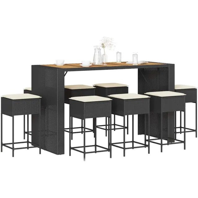 vidaXL 9-delige Tuinbarset met kussens poly rattan zwart, foto 2
